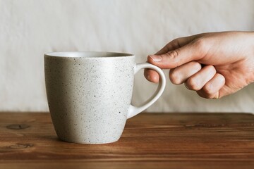 Hand holding coffee mug in the morning