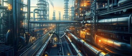 Fototapeta premium Towering steel structures and bustling factory floors are featured in this industrial sector brochure cover, banner background concept 3D with copy space