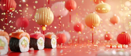 Traditional sushi and vibrant festival lanterns decorate this cultural celebration website banner, capturing the spirit of Japan, banner background concept 3D with copy space