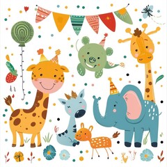 kids birthday card, cartoon animals pastel colors