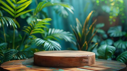 Photo of a wooden podium with tropical plants in the background for product presentation