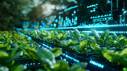 A futuristic greenhouse with plants growing under artificial lights and a digital display of data about the plants' growth.