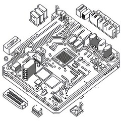 circuit board black line drawing of a pcb on a white background