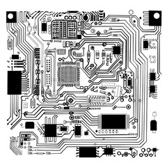 circuit board black line drawing of a pcb on a white background
