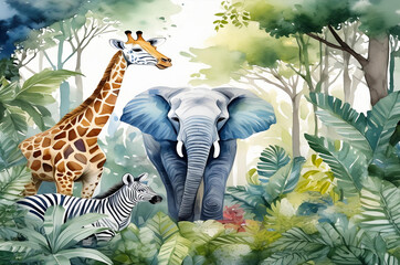 Jungle landscape with wild animals for kids.