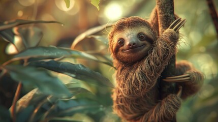 A baby sloth clinging to a tree branch in the lush forests of Costa Rica, AI Generative