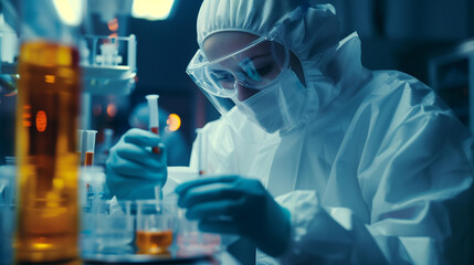 A woman in a lab coat is wearing a mask and gloves while working with chemicals