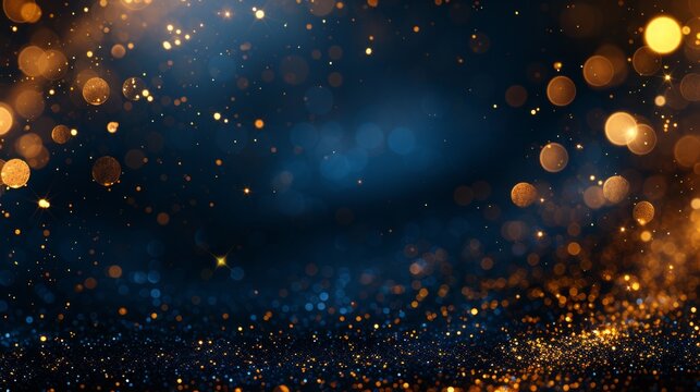 A mesmerizing abstract background featuring the serene beauty of dark blue complemented by the radiance of golden particles. The festive glow of Christmas golden lights introduces, AI Generative