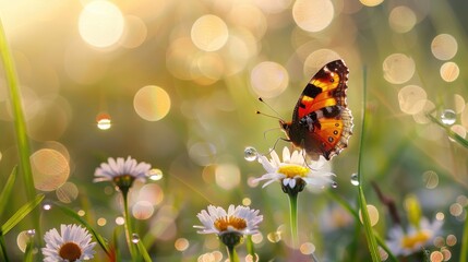 Write a reflective essay exploring the symbolism of a butterfly on a flower amidst dewy grass 