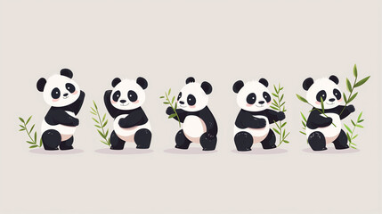 Group of cutie happy pandas with bamboo. AI generative
