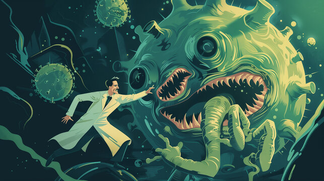 Doctor fighting with covid, virus and  monsters in cartoon world. ai generative