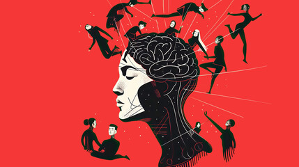 IA Illustration. Representation of pain in persons. Many people floating around the head. Concept social fear, social .Tormented individual person, psychological illnesses. psychology. Red background