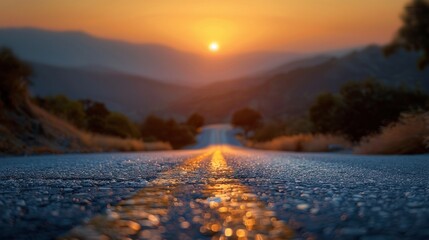 The setting sun illuminates an empty, historic paved road winding through mountainous terrain from a low vantage point.