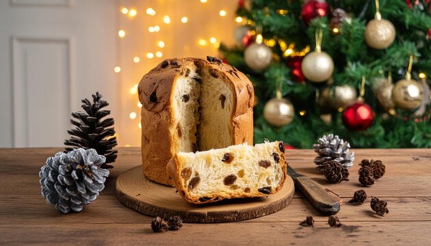 Italian Christmas Dessert: A freshly sliced panettone bread with dried fruits