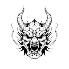 black oni tattoo illustration, solid white background