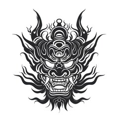 black oni tattoo illustration, solid white background