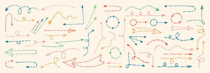 Obraz premium Dashed arrows hand drawn doodle set. Dotted pointers collection ideal for adding playful touch to presentations, designs kid projects, infographics and statistics. Arrows sign child isolated vector