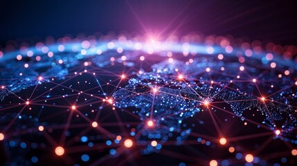 Obraz premium Global network lines wrapping Earth, concept of connectivity, social media travel logistics, future tech background, dynamic circles, neon lines, surrealism, AI Generative