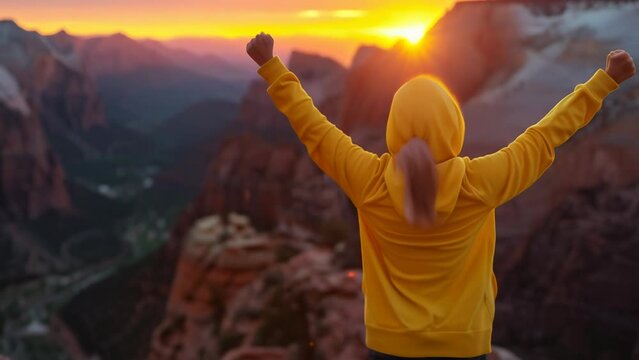 Woman in yellow hoodie stands on mountaintop at sunset, raising arms triumphantly, face and landscape illuminated by warm glow, evoking sense of accomplishment and awe-inspiring beauty.
