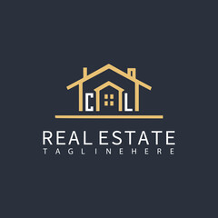 CL monogram logo for real estate with home shape creative design.