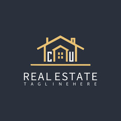 CU monogram logo for real estate with home shape creative design.