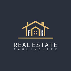 FX monogram logo for real estate with home shape creative design.