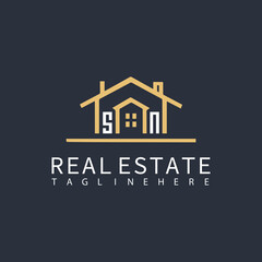 SN monogram logo for real estate with home shape creative design.