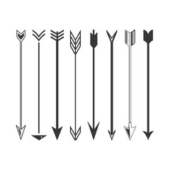 Archery arrows variety set. Different fletching and arrowhead designs. Precision targeting equipment. Vector illustration. EPS 10.