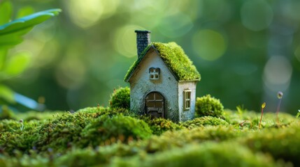 green macro house with moss texture on moss surface