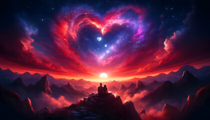 Celestial Love: Heart in the Horizon, a heart-shaped nebula set against a dramatic sunset, with silhouetted mountain peaks in the foreground