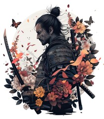 Fototapeta premium samurai surrounded by flowers on a white background