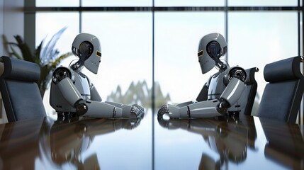 Sophisticated Robots Negotiating Business Deal at Conference Table