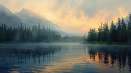 smoky Bow Lake, Banff, Alberta, photorealistic, AI Generative