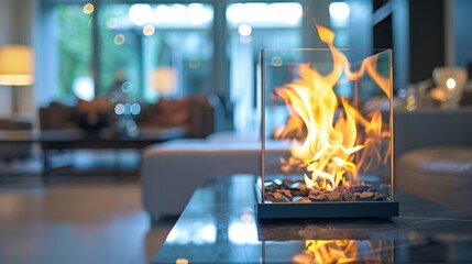 Fototapeta premium The flickering flames dance in the glass enclosure of the modern fireplace. 2d flat cartoon.