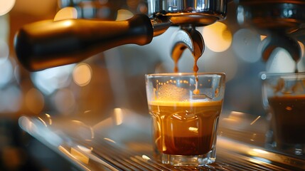In a cafe, a barista at a steel espresso machine is pouring steaming coffee into a glass, topped with frothy crema and foam.