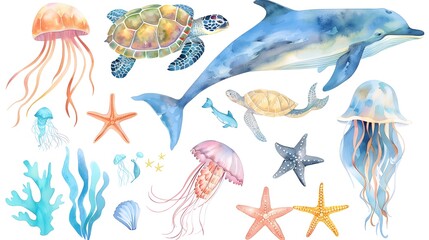 Naklejka premium Aquatic-Themed Safari Animal Set with Fish, Turtle, Whale, Dolphin, and Jellyfish