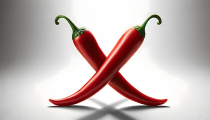 Crossed Chilies Charm: two vibrant red chili peppers crossed over each other against a softly lit background, creating a bold and dramatic visual