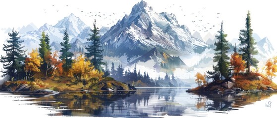 mountain with trees and water,  watercolor painting, white background