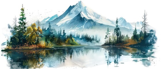 mountain with trees and water,  watercolor painting, white background