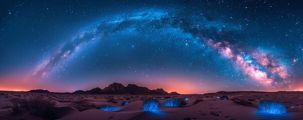 Milky Way arching over a serene desert, bioluminescent plants softly glowing, a night of natural wonders