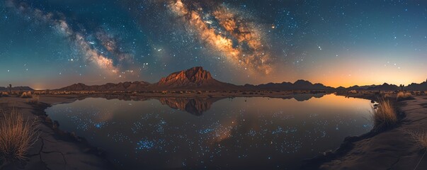 Naklejka premium Milky Way arching over a serene desert, bioluminescent plants softly glowing, a night of natural wonders