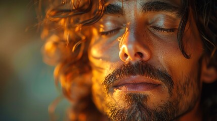 Mindfulness practice, close-up on a serene face in meditation, tranquility in the midst of chaos