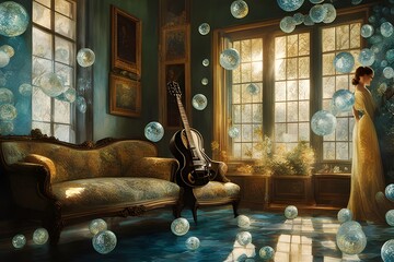 Beautiful Glamour Double Exposed Vintage, Daylight, Ice-Based, Spring Sci-Fi Glass Frozen Transparent Guitar, 19th Century Elegant Expression, Klimt Van Gogh ai generative, 생성형, 통기타