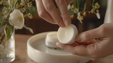 Close-up of woman's hands holding and opening a jar of face cream. The cream is natural and organic, and is made with the finest ingredients.