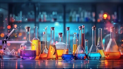 A collection of beakers and test tubes filled with colorful liquids is set against the backdrop of many glassware bottles used for technical medicine research equipment in a chemistry lab.