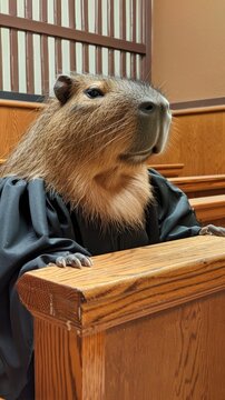 Capybara in a judges robe in a courtroom
