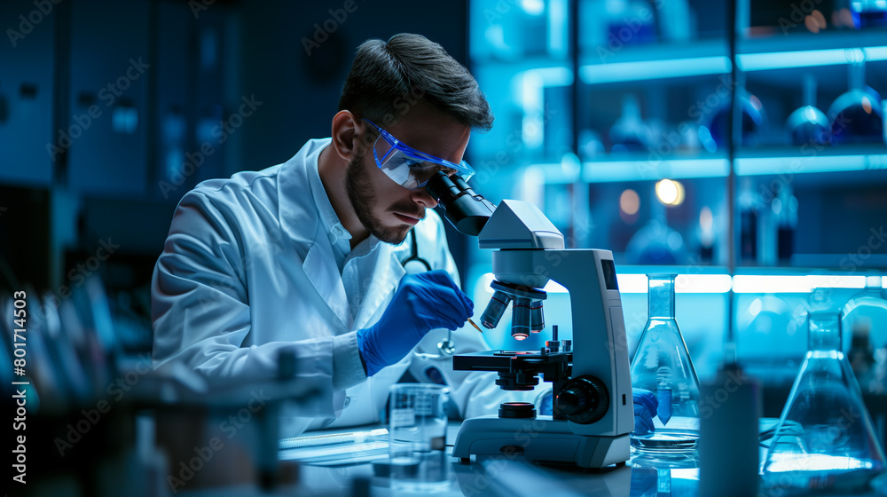 Wall mural a male scientist using a microscope in a lab, on a blue-lit background, depicting the concept of res