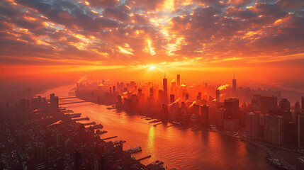 New York City, aerial view of the city skyline at sunrise, wide angle, hyper realistic photography, golden hour lighting, in the style of hyper realistic photography.