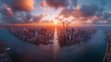 New York City, aerial view of the city skyline at sunrise, wide angle, hyper realistic photography,...