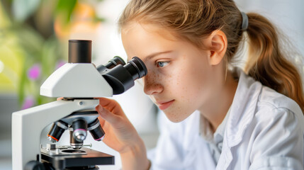 Fototapeta premium A girl using a microscope, learning in a bright class environment, concept of education and science, Generative AI
